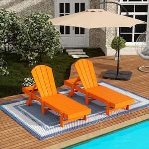 Laguna 2-Piece Fade Resistant HDPE Plastic Adjustable Outdoor Adirondack Chaise Loungers with Wheels in Orange