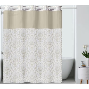 Hookless French Damask Shower Curtain Withbuilt-in Liner ,Coral
