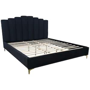 Barrington Black Velvet Queen Platform Bed with Gold Legs