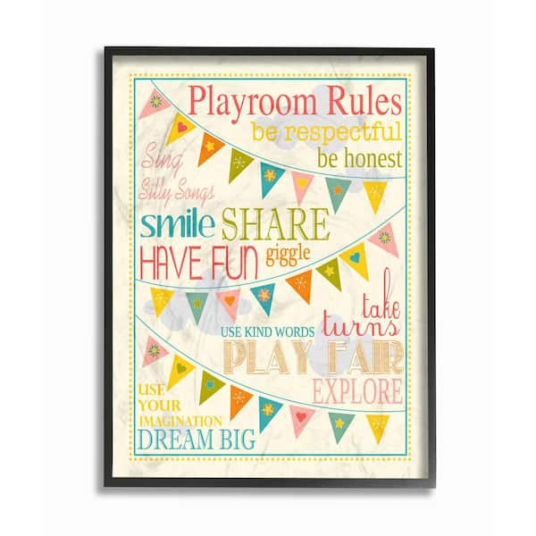 Stupell Industries 16 in. x 20 in. "Playroom Rules With Pennants In Pink" by Karen Zukowski (Finny And Zook) Wood Framed Wall Art