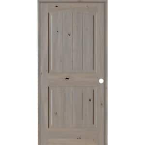 28 in. x 80 in. Knotty Alder 2 Panel Left-Hand Top Rail Arch V-Groove Grey Stain Wood Single Prehung Interior Door