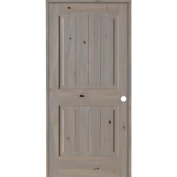 EMOH 28 in. x 80 in. Knotty Alder 2 Panel Left-Hand Top Rail Arch V-Groove Grey Stain Wood Single Prehung Interior Door