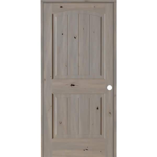 Krosswood Doors 36 in. x 80 in. Knotty Alder 2 Panel Left-Hand Top Rail Arch V-Groove Grey Stain Wood Single Prehung Interior Door