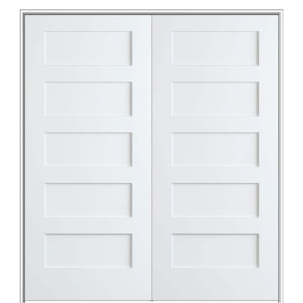 MMI DOOR Shaker Flat Panel 72 in. x 80 in. Both Active Solid Core Primed Composite Double Prehung French Door w/ 4-9/16 in. Jamb
