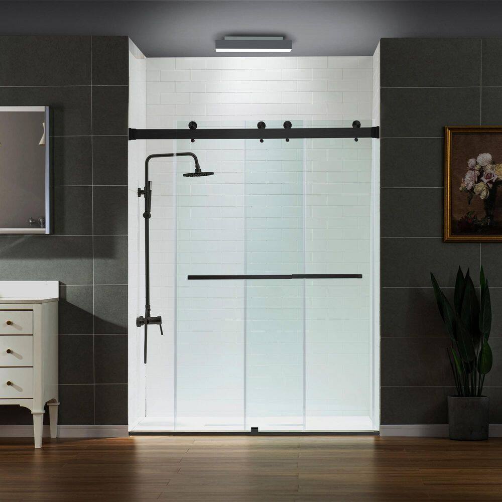 Matte Black Frameless Sliding Shower Door with Clear Tempered Glass