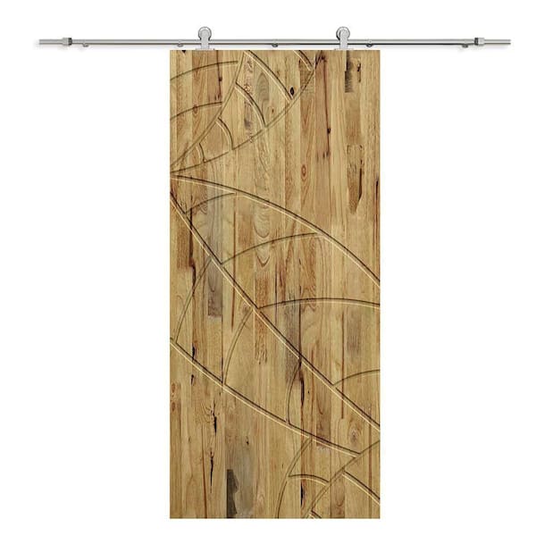 CALHOME 32 in. x 96 in. Weather Oak Stained Pine Wood Modern Interior Sliding Barn Door with Hardware Kit
