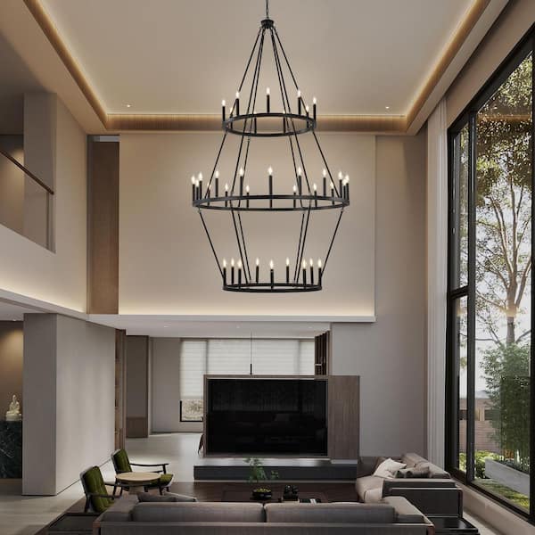 Modern 36-Light Black 3-Tier Wagon Wheel Farmhouse Industrial Chandelier Rustic Candlestick Pendant Light