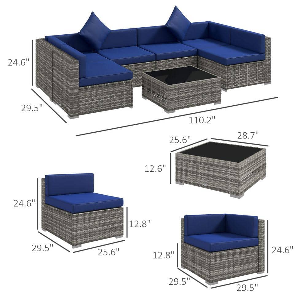 Mixed Gray and Blue PE Rattan Wicker 7-Piece Sectional Sofa Set