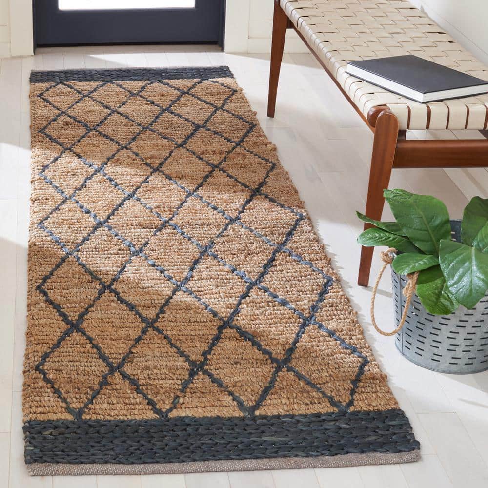 Natural and Black Hand-Knotted Jute Geometric Runner Rug