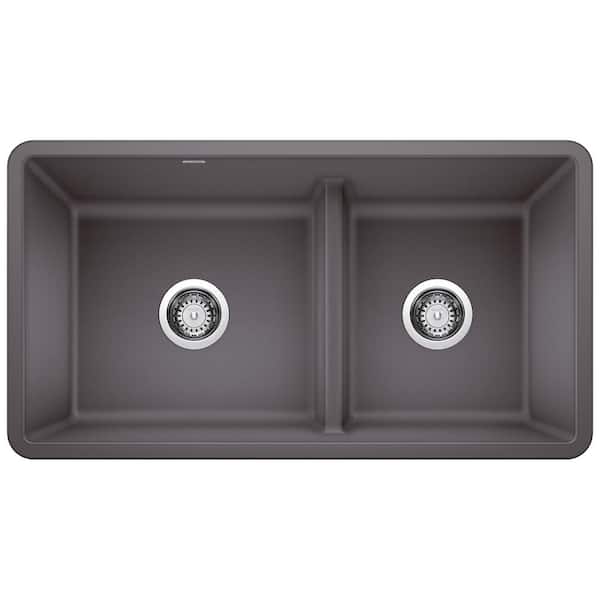 Blanco Precis Undermount Granite 33 in. x 18 in. 60/40 Double Bowl Kitchen Sink in Cinder