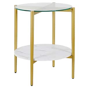 Otto 20 in. Gold Round Glass Side Table with Faux Marble Shelf