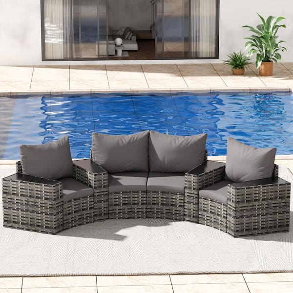 8 Pieces Metal Wicker Outdoor Half-Moon Sectional Round Patio Furniture Set Sofa with Dark Gray Cushions
