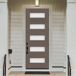 Regency 36 in. x 96 in. 5 L Modern Frosted Glass LHOS Ashwood Stained Fiberglass Prehung Front Door