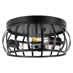13 in. 3-Light Industrial Caged Drum Matte Black Flush Mount Ceiling Fixture