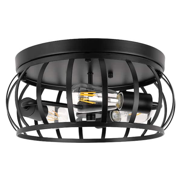 YANSUN 13 in. 3-Light Industrial Caged Drum Matte Black Flush Mount Ceiling Fixture