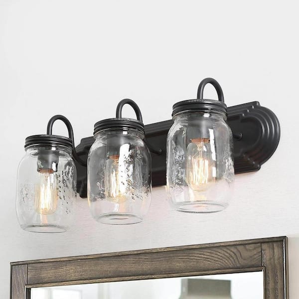 LNC Modern Farmhouse Black Vanity Light 3-Light Rustic Bathroom Powder Room Wall Sconce with Clear Mason Jar Glass Shades