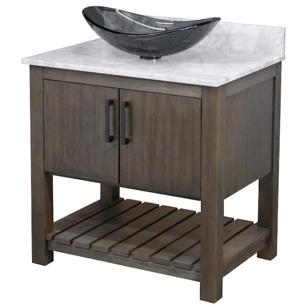 Novatto Ocean Breeze 31 in. W x 22 in. D x 31 in. H in Cafe Mocha with Carrara White Marble Top and Grey Vessel Sink