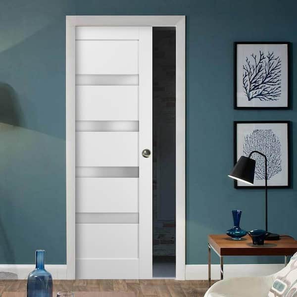 4113 32 in. x 80 in. Single Panel White Finished Solid MDF Sliding Door with Pocket Hardware