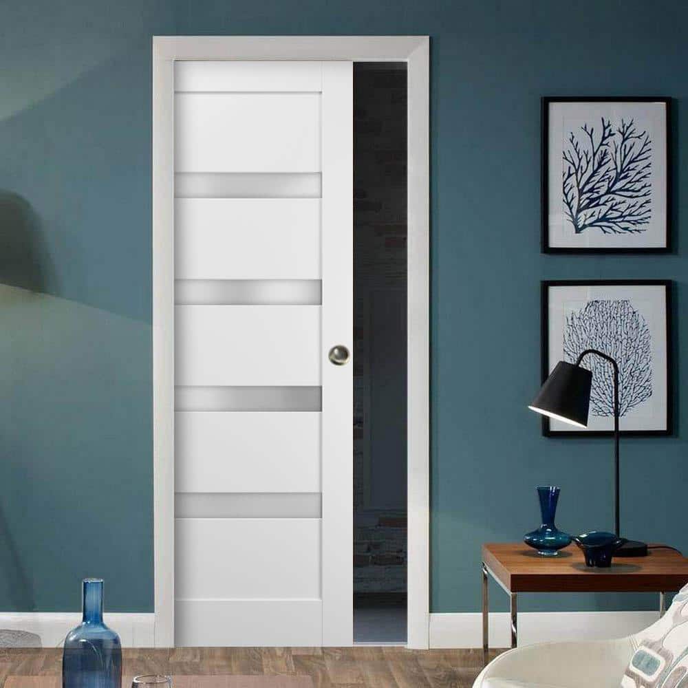 White Silk Solid Core Pocket Door with Frosted Glass Panel