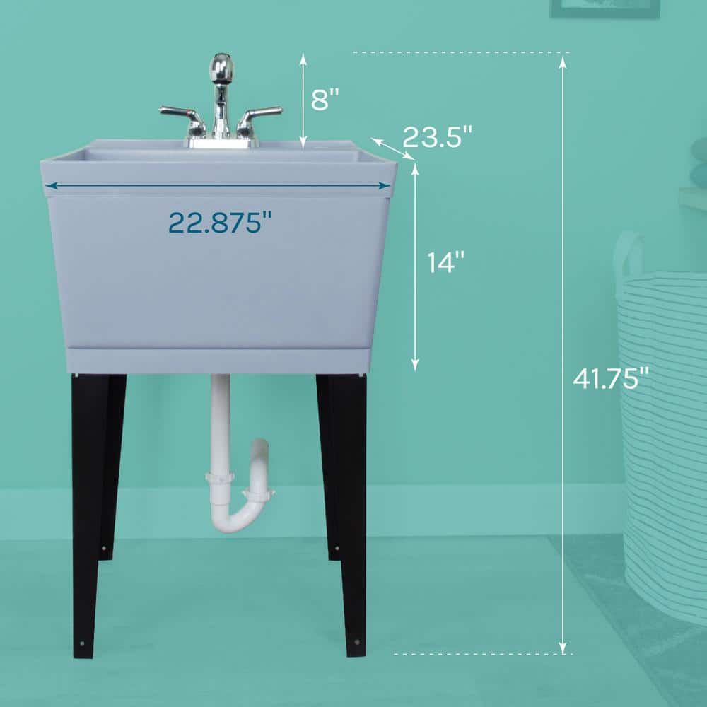 Gray Freestanding Utility Sink with Chrome Faucet and Metal Legs
