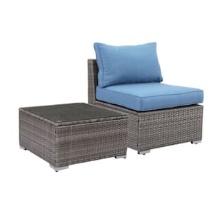 2-Piece Wicker Outdoor Armless Sofa Sectional Set with Blue Cushion