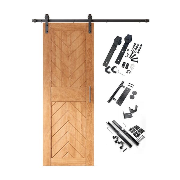 JT4 30 in. x 84 in. C-Panel Early American Fishbone Design Solid Pine Wood Sliding Barn Door with Hardware Kit