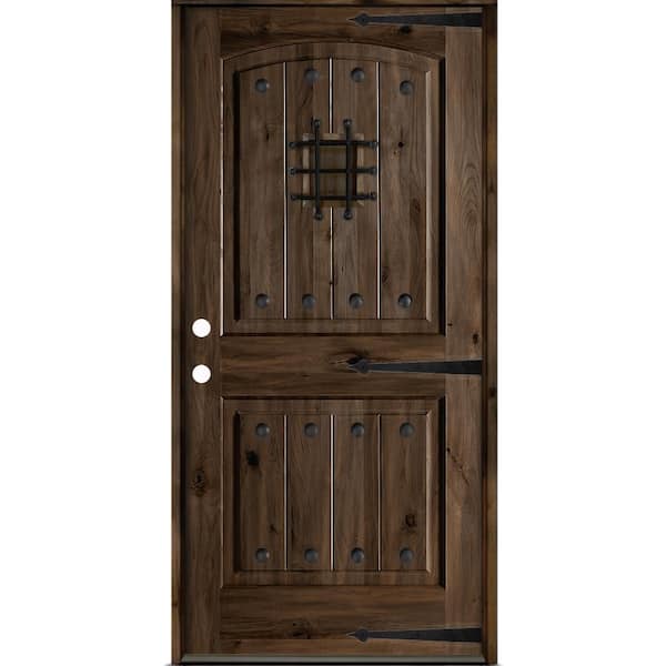 Mediterranean 42 in.x 80 in. Knotty Alder Right-Hand/Inswing Arch Top BEHR True Black Stain Wood Prehung Front Door