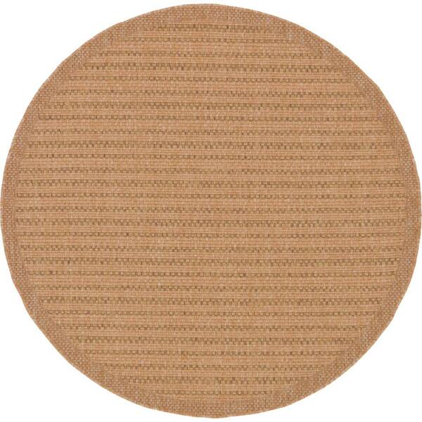 Unique Loom Outdoor Checd Light, Light Brown Round Rug