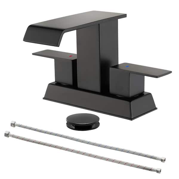 PERLIRIA INC 4 in. Centerset Double Handle Waterfall Bathroom Faucet with Drain Kit, Two Holes Bathroom Sink Faucet in Matte Black