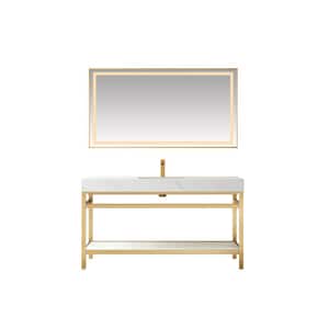 Funes 60 in. W x 22 in. D x 34 in. H Single Sink Bath Vanity in Brushed Gold with White Natural Stone Top and Mirror