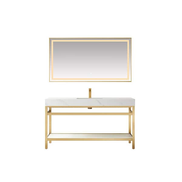 ROSWELL Funes 60 in. W x 22 in. D x 34 in. H Single Sink Bath Vanity in Brushed Gold with White Natural Stone Top and Mirror