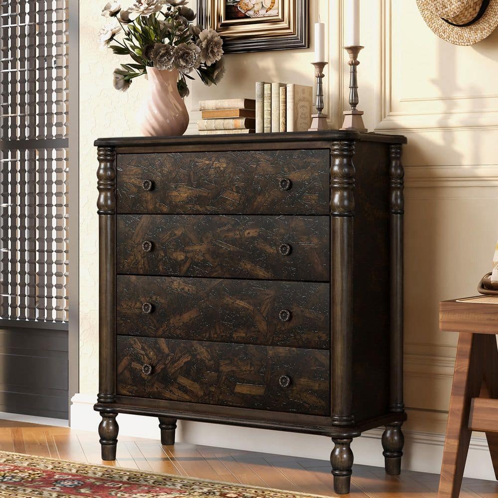 Farmhouse Brown 4 Drawer 29 in. Wide Dresser with Storage Cabinet, Chest of Drawers, Espresso