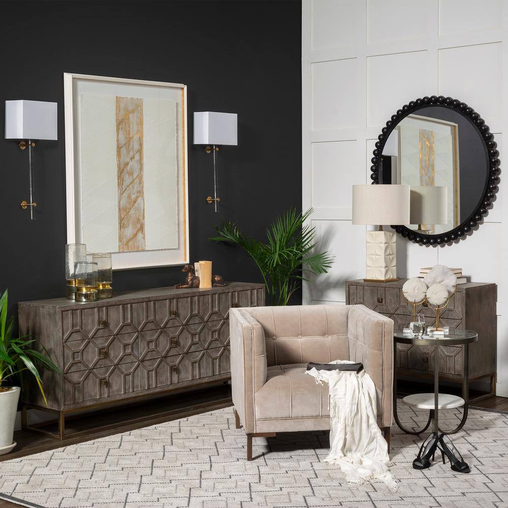 Genevieve Light Gray Wood and Antique Brass 3-Drawer Cabinet