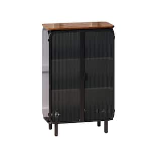28 in. W x 14 in. D x 44 in. H Black Metal Ready to Assemble Floor Cabinet with 2 Glass Doors and 3-Tier Storage