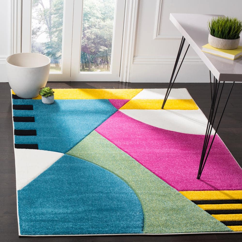 Peacock Blue and Fuchsia Mid-Century Modern Area Rug