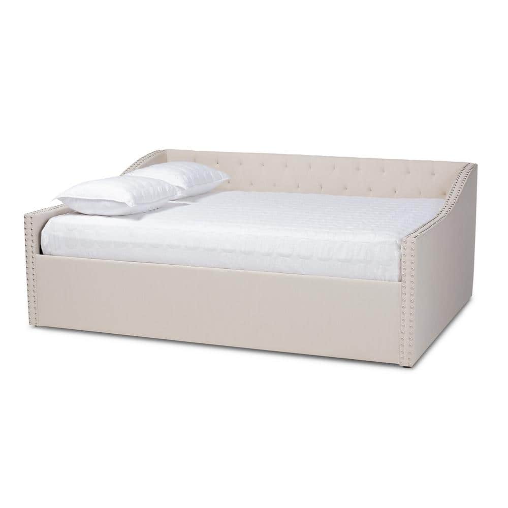 Beige Queen Wood Frame Upholstered Daybed with Nailhead Trim