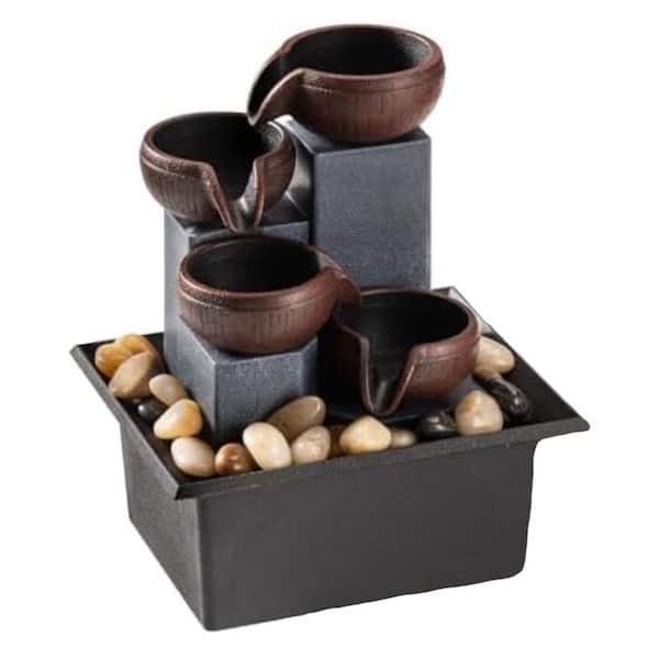 4-Tier Tabletop Waterfall Fountain with LED Lighting and Natural Rocks Urn