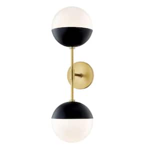 Renee 2-Light Aged Brass/Black Wall Sconce with Opal Glossy Shade
