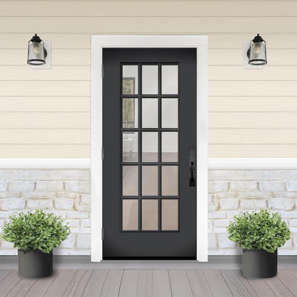 Reliant 32 in. x 80 in. Right-Handed FullLite 15L SDL Clear Glass Black Finish Fiberglass Front Door Slab