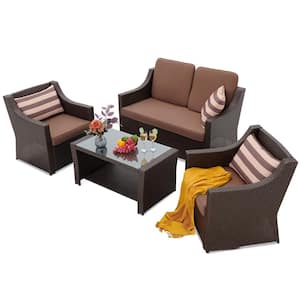 4-Piece Rattan Wicker Patio Conversation Set Glass Table Top with Coffee Cushions