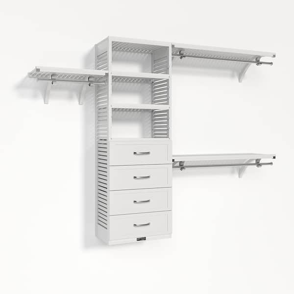 72 in. W - 120 in. W White Walk in with 4 Shaker Style Drawers 16 in. Shelf Wood Closet System
