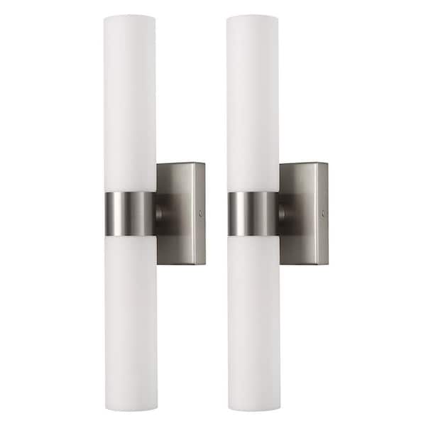 18 in. 2-Light Brushed Nickel and White Double Tube Wall Sconce Up and Down Lighting Fixture for Bathroom and Hallway