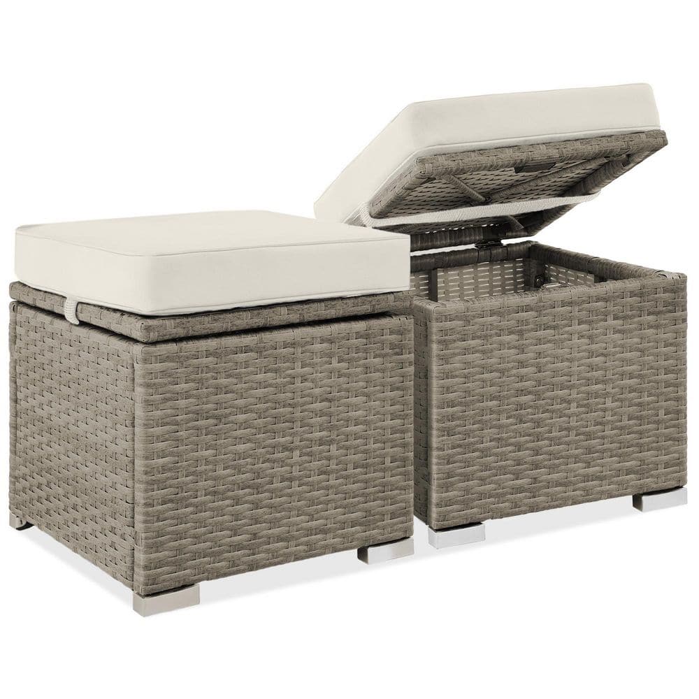 Taupe Wicker Outdoor Ottoman, Multipurpose Outdoor Patio Furniture with Removable White Sand Cushions (2-Pack) price history on PriceWatchPro