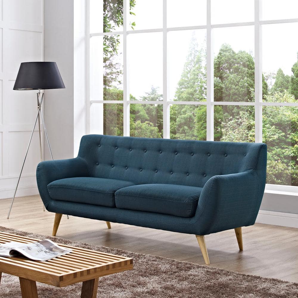 Azure Tufted Fabric Sofa with Wood Legs