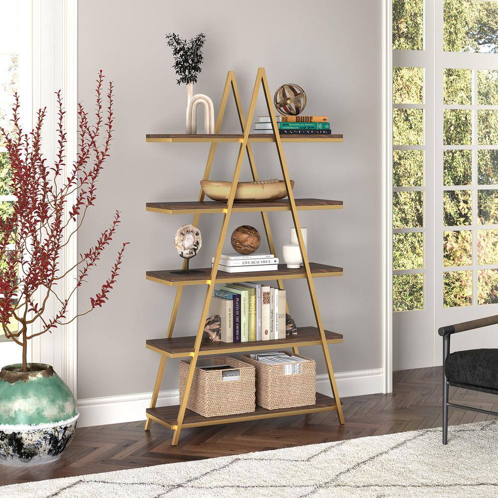 Aurum Ladder 68'' Gold and Walnut 5-Tier Bookshelf