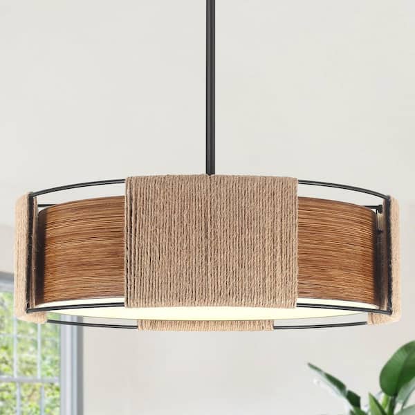 4-Light Farmhouse Brown Metal Wood Grain Drum Chandelier for Kitchen Island