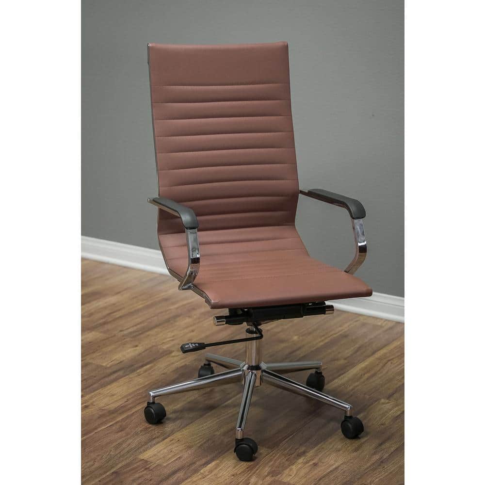Brown High Back Leather and Metal Swivel Office Chairs, Set of 2