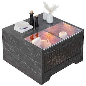 31.5 in. Black Marble Square Wood Coffee Table with LED Light and 2 Storage Cabinets