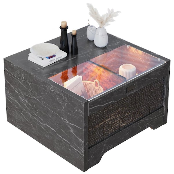 Bestier 31.5 in. Black Marble Square Wood Coffee Table with LED Light and 2 Storage Cabinets