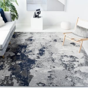 ADirondack Navy/Gray 8 ft. x 8 ft. Distressed Abstract Square Area Rug